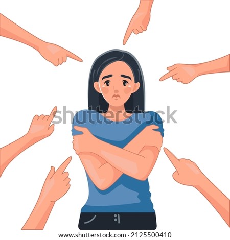 A sad woman surrounded by hands pointing fingers at her. Public censure, alienation, loneliness, accusation, victim position. Vector illustration