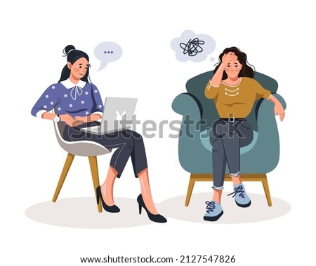 Female psychotherapist has an Individual session with her patient. Vector concept of psychotherapeutic practice, social therapy. Working with feelings and emotions Stock foto © 