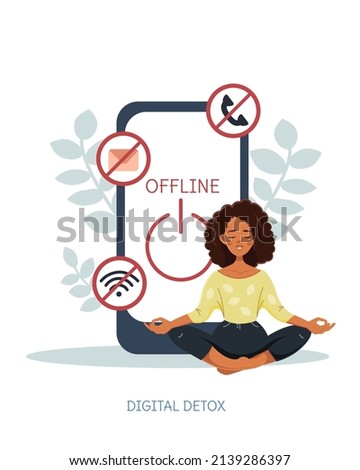 An African-American woman with her eyes closed meditates in the lotus position. Rejection of news, gadgets, devices, the Internet, social networks. Digital detox concept. Mental health. Vector