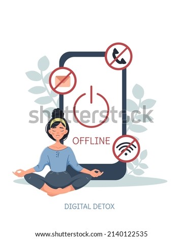Digital detox concept. A woman meditates in the lotus position. Informational detoxification. Rejection of news, gadgets, devices, the Internet, social networks. Maintaining mental health. Vector