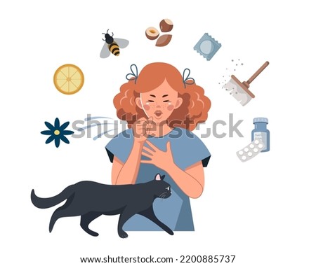 A young red-haired girl sneezes because of allergies. Allergens and risk factors. Vector Flat illustration on the theme of Seasonal food allergies. Allergy to insect bites, Animal hair, Dust, Pollen