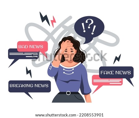 The shocked woman tries to brush off the bad news. Bad news, fakes, informational detoxification. Depression and frustration. Vector illustration in cartoon style