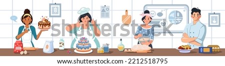 A variety of cartoon characters in uniform cook food. Nutrition seminar dedicated to the concept of healthy eating. Advanced training courses for chefs. Vector illustration of a culinary master class
