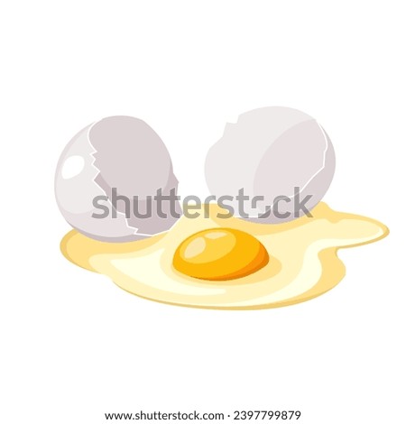 A broken white chicken egg with leaked raw liquid protein and yolk. Breaking eggshells. A raw egg. Vector illustration in a flat style