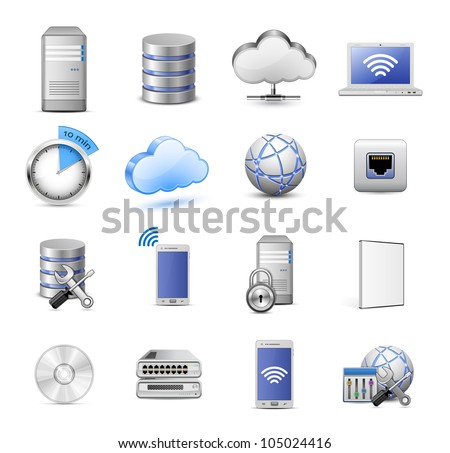 Big collection of IT devices and computing icons. 16 highly detailed vector icons. Servers, databases, network devices and cloud computing concept