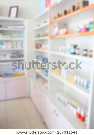 blur some shelves of drug in the pharmacy store