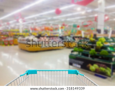 Empty supermarket aisle with shopping cart
