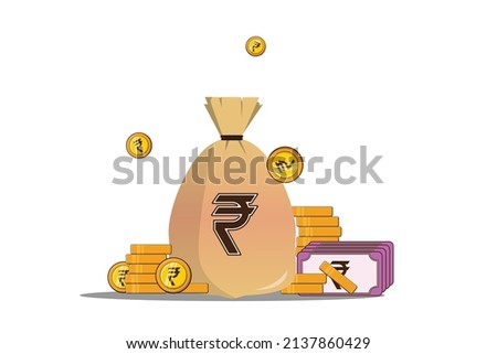 Indian currency money bag and gold coins with indian currency note in isolated background