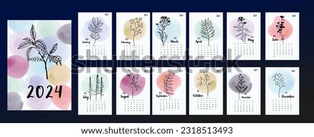 2024 calendar layout on a botanical theme. Calendar design concept with flowers on watercolor dots. Set of 12 months start on Sunday