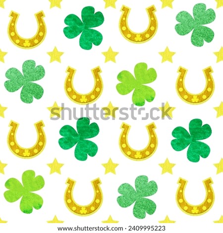 St.Patrick's day seamless pattern with watercolor clover leaves and golden stars on white background