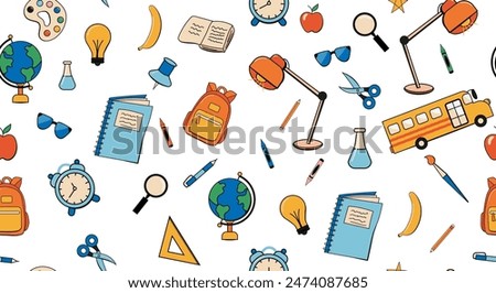 Seamless pattern with set of different school things in color. Retro style