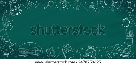 Similar – Image, Stock Photo Back to school background with school supplies on blackboard. Pencils, pens, cardboard, colorful background