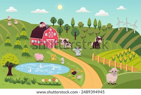 Cartoon farm landscape with barn and animals. Summer vector rural background. Cute vector landscape.