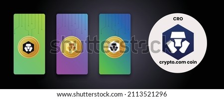 Set of crypto currency logo Crypto.com (CRO ) on gradient card concept with golden coins, Showcasing crypto logo in color, golden and black and white formats. crypto, currency, NFT, DeFi, tokens logo.