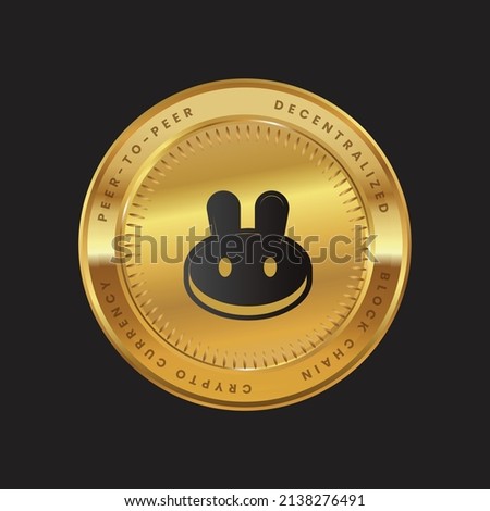 CAKE Cryptocurrency logo in black color concept on gold coin. Pancakeswap Coin Block chain technology symbol. Vector illustration.