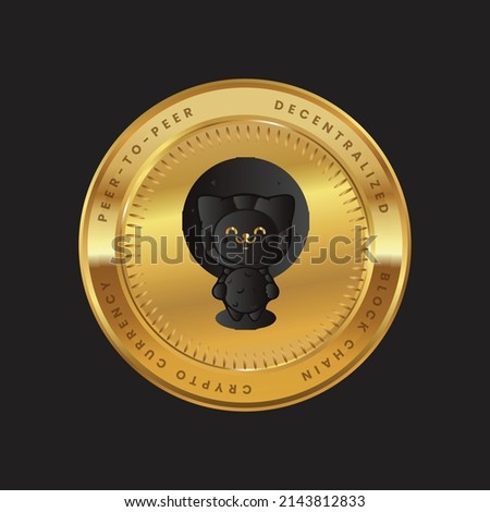 FCT token Cryptocurrency new logo in black color concept on gold coin. Floki cat token Block chain technology symbol. Vector illustration for banner, background, web, print, article.