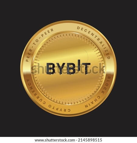 BYBIT Cryptocurrency logo in black color concept on gold coin. BYBIT Coin Block chain technology symbol. Vector illustration for banner, background, web, print, article.
