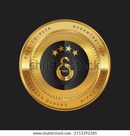 Galatasaray Fan Token (GAL) crypto currency token logo on gold coin black themed design. vector illustration for cryptocurrency symbols, icons, banner, poster, financial projects.