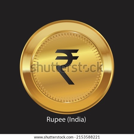 Indian Rupee currency logo on golden coin.  vector illustration on Isolated black background. Suitable for print materials, web design, mobile app and infographics, poster, projects.