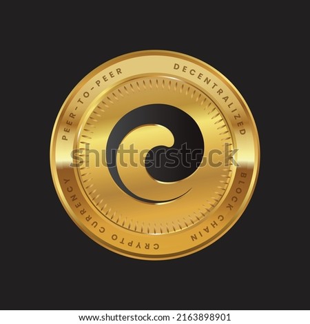ORI Cryptocurrency logo in black color concept on gold coin. Orica coin Block chain technology symbol. Vector illustration for banner, background, web, print, article.