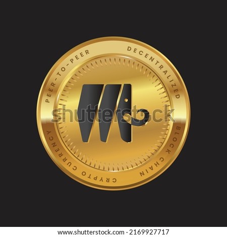 MMT Cryptocurrency logo in black color concept on gold coin. Mammoth, MMT Coin Block chain technology symbol. Vector illustration for banner, background, web, print, article.