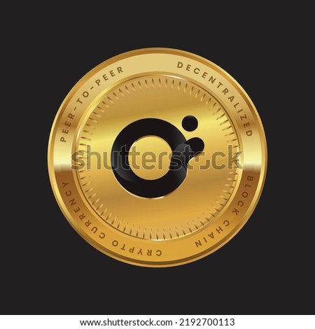 ORN Token Cryptocurrency logo in black color concept on gold coin. Orion Protocol Block chain technology symbol. Vector illustration for banner, background, web, print, article.