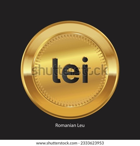 Romanian Leu RON Currency logo vector illustration.Romanian Leu, RON symbol on golden coin Isolated background.