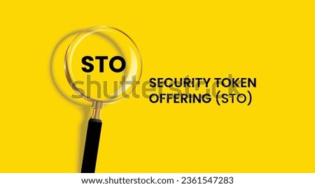 Vector illustration of Security token offering abbreviation STO. Acronym banner with magnifying glass on yellow background.