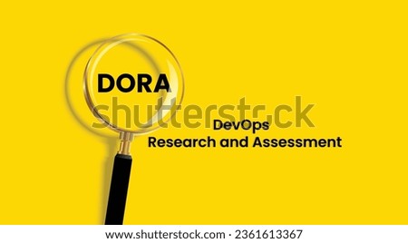 Vector illustration of 
DevOps Research and Assessment abbreviation DORA. Acronym banner with magnifying glass on yellow background.