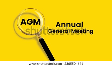 Annual General Meeting abbreviation AGM. AGM Acronym banner with magnifying glass on yellow background.