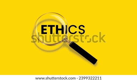 Ethics word with magnifying glass poster concept design, isolated on yellow background.
