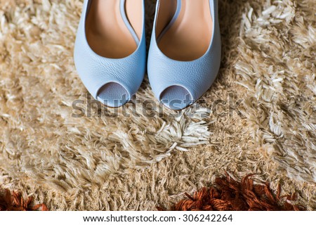 Elegant bridal shoes. Blue wedding shoes, wedding day