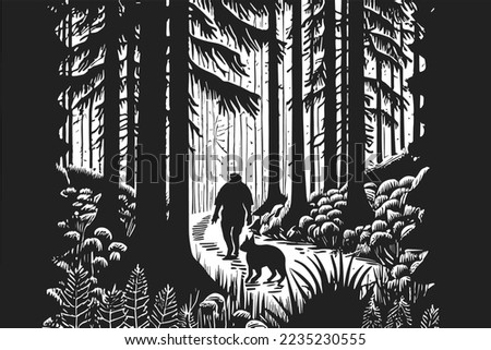 Hunter and hunting dog walking in pine forest. Black and white graphic vector illustration.