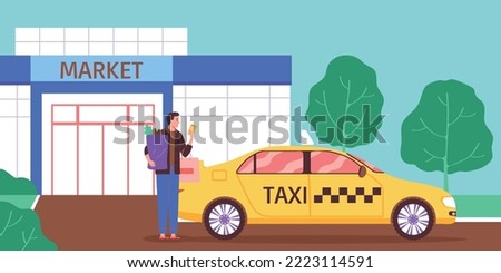 Taxi standing n front of the super market. World Transport Day. Vector Illustration. EPS file.