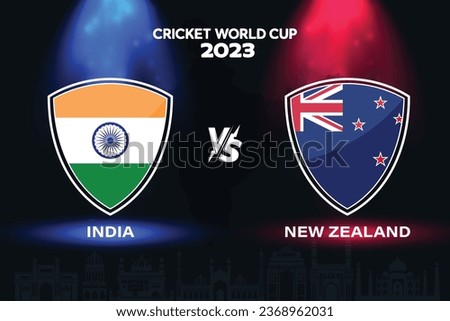 India vs New Zealand international cricket flag badge design on Indian skyline background for the final World Cup 2023. EPS Vector for sports match template or banner in vector illustration.