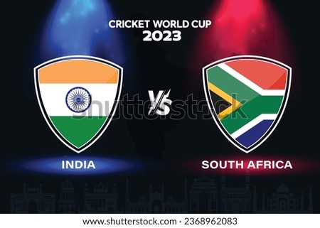 India vs South Africa international cricket flag badge design on Indian skyline background for the final World Cup 2023. EPS Vector for sports match template or banner in vector illustration.