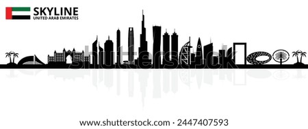 New Dubai skyline, UAE Urban cityscape, United Arab Emirates skyscraper buildings with vector silhouette and official flag eps file isolated on white background.