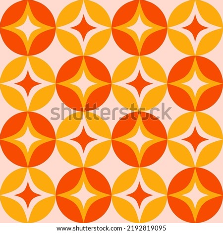 Retro Atomic Age Style Pattern Design With Stars And Circles. Orange And Red Retro Mid Century Modern Geometric Seamless Pattern.