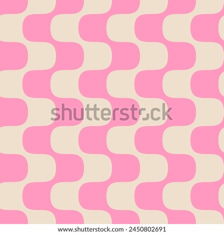 Retro seamless pattern with wavy vertical pink lines. 1960s, 1970s funky design. Vertical wavy pink and cream wavy lines.