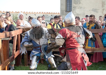 MEDZHIBOZH, UKRAINE - AUGUST 24: Knight fights at the festival \