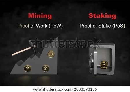 Cryptocurrency coins mining staking proof of work, proof of stake, 3D illustration
 Foto d'archivio © 