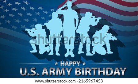Happy US Army birthday celebration concept background in blue color and USA waving flag vector illustration.