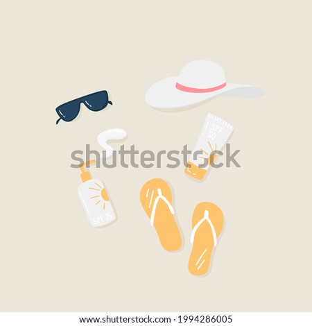 Sun protection set. Sunscreen SPF 25, SPF 50 Cream. Vector illustration of sun protection cosmetic products: oil, cream, sunblock lotion. Concept of summer holiday. Sunblock lotion. Skincare