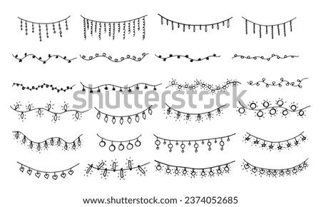 Christmas lights doodle. Set of decorations, garlands. String lights. Vector hand-drawn Christmas illumination Design for home decoration isolated on white background.