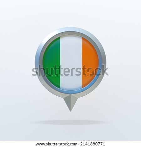 Metal icon of the national flag of Ireland with a location indicator. On a white background with a shadow. 3D rendering. Imagine de stoc © 