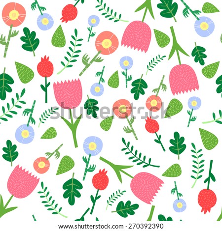 Background of colorful flowers. Pattern of flowers tulip and bluebell flower.