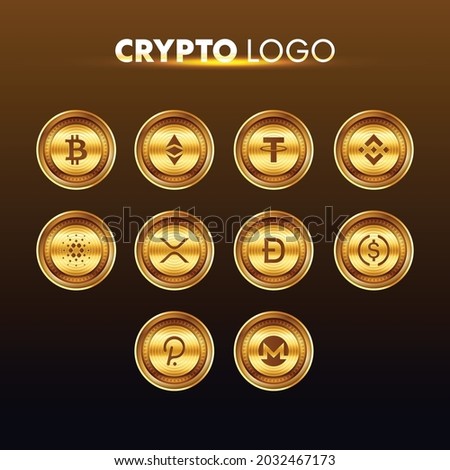 Cryptocurrency logo set - Bitcoin, Ethereum, Tether, Binance, Cardano, USD Coin, XRP, Dogecoin, Polkadot. Golden coins with Cryptocurrency symbol logo. Golden Coin with cryptocurrency symbol