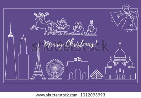 Santa Claus with Christmas presents in sleigh with reindeers over famous buildings and constructions of different countries. New Year and Christmas greeting card.