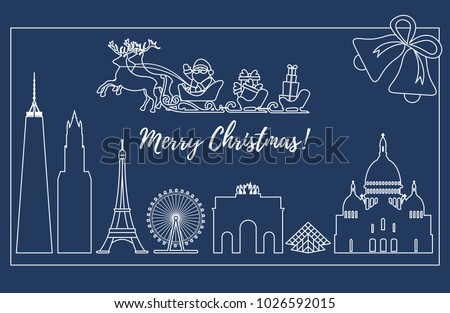 Santa Claus with Christmas presents in sleigh with reindeers over famous buildings and constructions of different countries. New Year and Christmas greeting card.