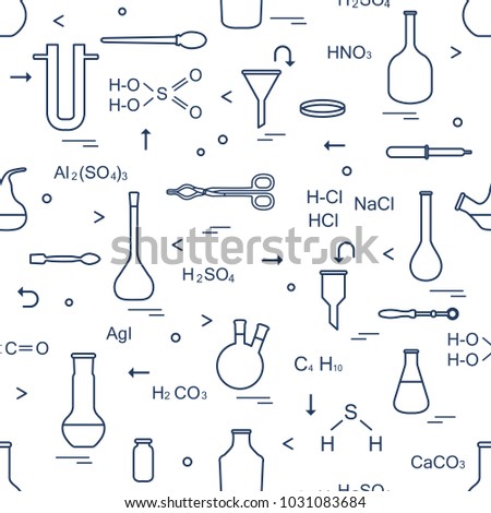 Pattern with chemical, biological, scientific, education and research elements: flasks, formulas, beaker, funnel, U-shaped tube, Petri dish, dropper, crucible forceps, holder, retort, spoon.